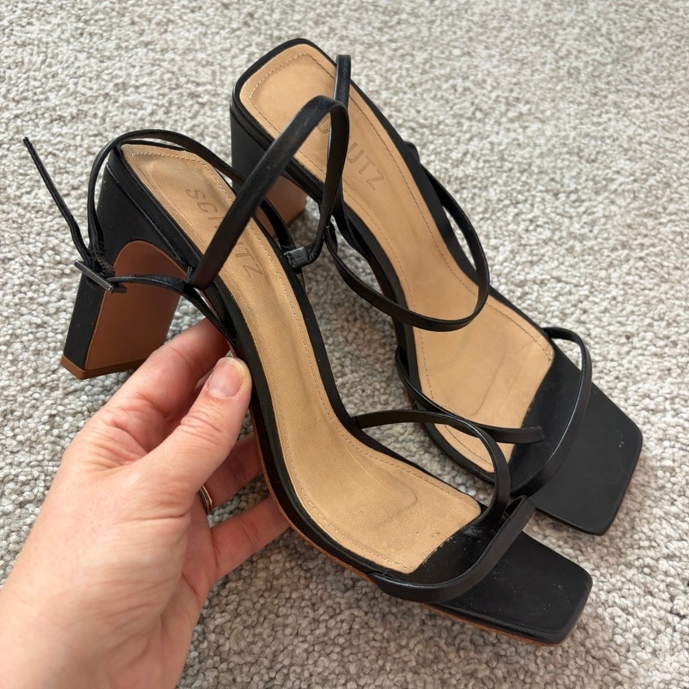 Schutz Black Leather Strappy Square Toe Block Heel Sandals EUR 39 BRA 37